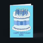 Happy Birthday Son Cartoon Cake and Candles Karte<br><div class="desc">Ein großer Cartoon Geburtstagstorte mit Kerzen auf beleuchteten Kerzen und die Worte "Happy Birthday Son" Set vor einem hellblauen Hintergrund.</div>