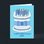 Happy Birthday Son Cartoon Cake and Candles Karte<br><div class="desc">Ein großer Cartoon Geburtstagstorte mit Kerzen auf beleuchteten Kerzen und die Worte "Happy Birthday Son" Set vor einem hellblauen Hintergrund.</div>