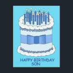 Happy Birthday Son Cartoon Cake and Candles Postkarte<br><div class="desc">Ein großer Cartoon Geburtstagstorte mit Kerzen auf beleuchteten Kerzen und die Worte "Happy Birthday Son" Set vor einem hellblauen Hintergrund.</div>