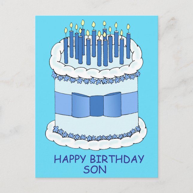 Happy Birthday Son Cartoon Cake and Candles Postkarte (Vorderseite)
