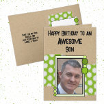 Happy Birthday son Foto grün Karte<br><div class="desc">Herzlichen Glückwunsch zum Geburtstag an einen phantastischen Sohn. Fügen Sie ein Foto und eine Nachricht hinzu. Blau und Grün. Ändern Sie den Text in Anzug einer anderen Person. *Kraft rustikaler Hintergrund *Hinweis: KEIN echtes Kraftpapier - nur grafischer Effekt</div>