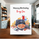 Happy Birthday Son | Gaming und Pizza Vibes Karte<br><div class="desc">Eine niedliche Aquarellkarte zum Gaming und Snack zum Thema Geburtstagskarte für einen Sohn. Eine ai-Illustration eines Videospielers,  einer Limonade,  Pommes Frites und Pizza,  und all das,  was Jungs mögen,  auf der Vorderseite der Karte. Einen phantastischen Tag im Inneren. Alle Texte auf der Karte können im personalisierbaren Bereich bearbeitet werden.</div>