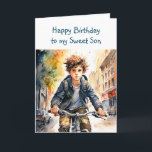 Happy Birthday Son | Junge auf dem Fahrrad in der  Karte<br><div class="desc">Niedliche personalisierte Geburtstagskarte für einen Sohn. Junge reitet sein Fahrrad durch die Straßen der Stadt.</div>