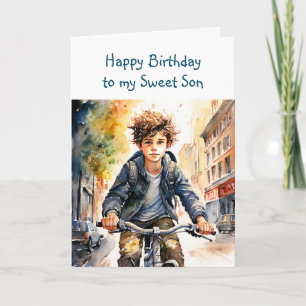 Happy Birthday Son   Junge auf dem Fahrrad in der  Karte