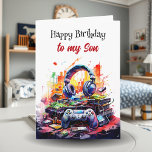 Happy Birthday Son | Videospiel Karte<br><div class="desc">Eine niedliche Aquarellspielkarte zum Thema Geburtstag für einen Sohn. Eine ai-Abbildung eines Videospiels,  Spiele,  Kopfhörer und andere lustige Accessoires auf der Vorderseite der Karte. Einen phantastischen Tag im Inneren. Alle Texte auf der Karte können im personalisierbaren Bereich bearbeitet werden.</div>