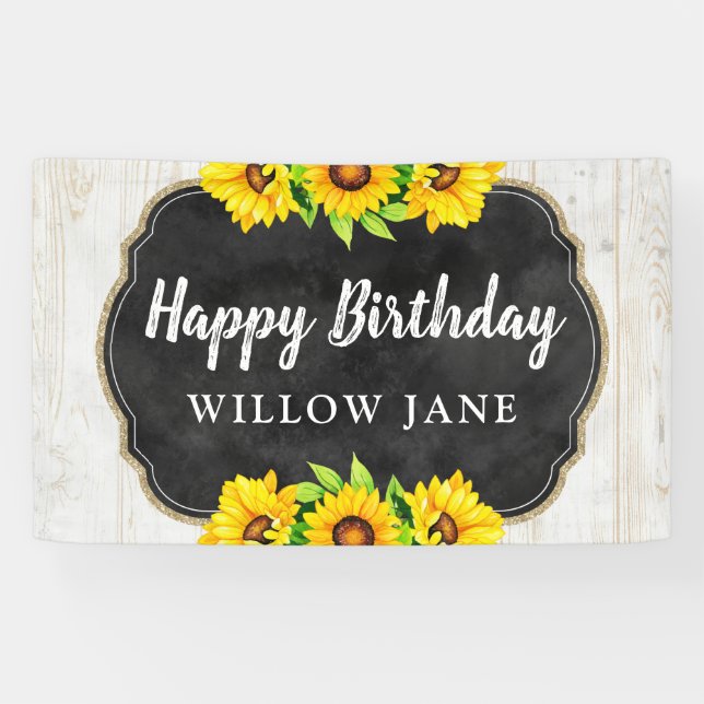 Happy Birthday Sonnenblume & rustikales Holz Party Banner (Horizontal)
