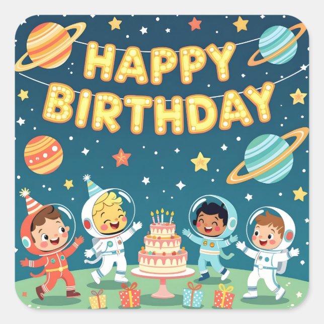 Happy birthday space theme quadratischer aufkleber (Vorderseite)