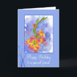 Happy Birthday Special Friend Gladiolus Blume Karte<br><div class="desc">Eine hübsche und farbenfrohe Geburtstagskarte für einen besonderen Freund,  der mit einer rosa Gladiolus-Blume mit gelben und blauen Akzenten in Aquarellfarbe dekoriert ist. Liebliche Karte,  die man einem Freund zum Geburtstag schicken kann!</div>