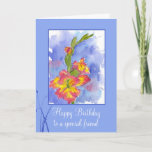 Happy Birthday Special Friend Gladiolus Blume Karte<br><div class="desc">Eine hübsche und farbenfrohe Geburtstagskarte für einen besonderen Freund,  der mit einer rosa Gladiolus-Blume mit gelben und blauen Akzenten in Aquarellfarbe dekoriert ist.  Liebliche Karte,  die man einem Freund zum Geburtstag schicken kann!</div>