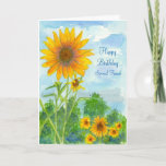 Happy Birthday Special Friend Sonnenblume Wasserfa Karte<br><div class="desc">Eine helle bunt fröhliche Geburtstagskarte mit einer Aquarellmalerei auf einem Sonnenblumenfeld,  grünen Bäumen an einem Sommertag mit flauschigen Cumulus Wolken im Himmel.</div>