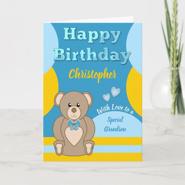 Happy Birthday Special Grandson Teddy Bär blau Karte (Vorderseite)