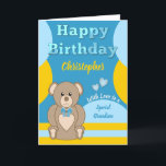 Happy Birthday Special Grandson Teddy Bär blau Karte<br><div class="desc">Personalisieren Sie diese Happy Birthday Card für einen ganz besonderen Grandson. Blau,  gelb und braun,  mit einem niedlichen Teddybär. Fügen Sie einen Namen und Ihre Nachricht hinzu. Alles Gute zum Geburtstag mit Liebe</div>