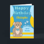 Happy Birthday Special Grandson Teddy Bär blau Karte<br><div class="desc">Personalisieren Sie diese Happy Birthday Card für einen ganz besonderen Grandson. Blau,  gelb und braun,  mit einem niedlichen Teddybär. Fügen Sie einen Namen und Ihre Nachricht hinzu. Alles Gute zum Geburtstag mit Liebe</div>