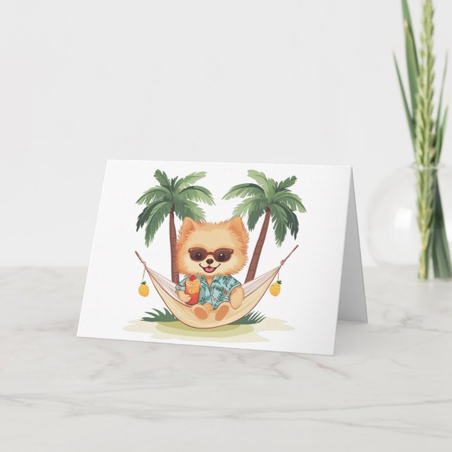 Happy Birthday Spitz Hund in einer Hängematte Karte (Vorderseite)