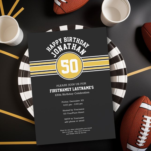 Happy Birthday Sports Stripes mit Age Gold Black Einladung (Birthday Party Invitation - Sports Theme - Football Party Invitation)