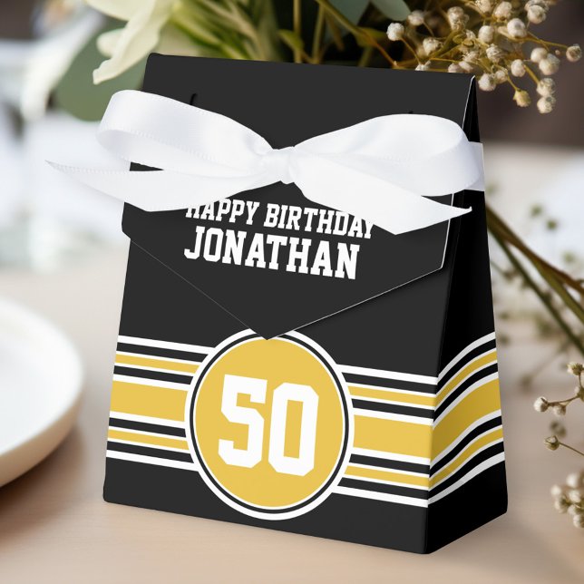 Happy Birthday Sports Stripes mit Age Gold Black Geschenkschachtel (Personalized gift box for birthday party favors)