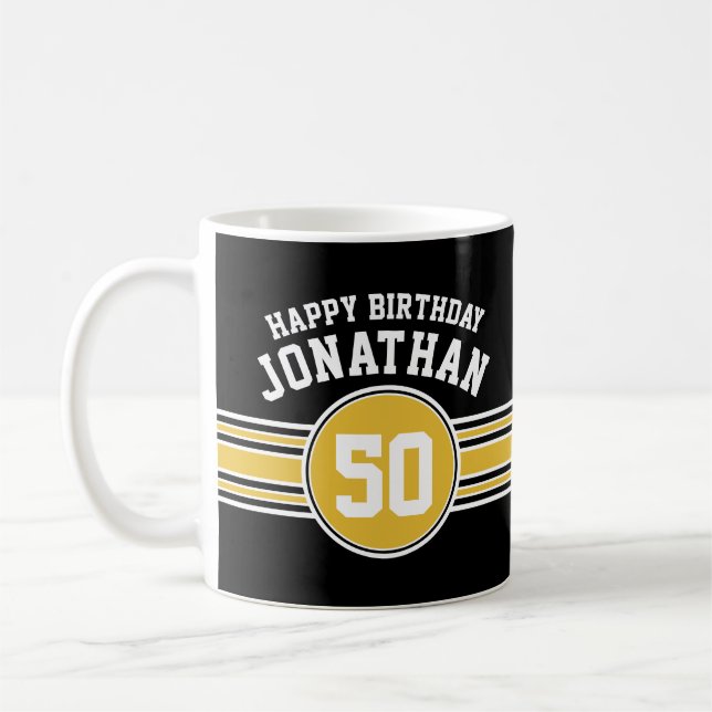 Happy Birthday Sports Stripes mit Age Gold Black Kaffeetasse (Links)