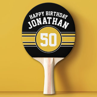 Happy Birthday Sports Stripes mit Age Gold Black Tischtennis Schläger