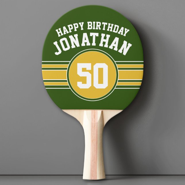 Happy Birthday Sports Stripes mit Age Gold Green Tischtennis Schläger (Custom Ping Pong Paddle with a Sports Theme)