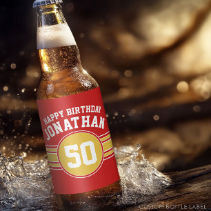 Happy Birthday Sports Stripes mit Age Gold Red Bierflaschenetikett