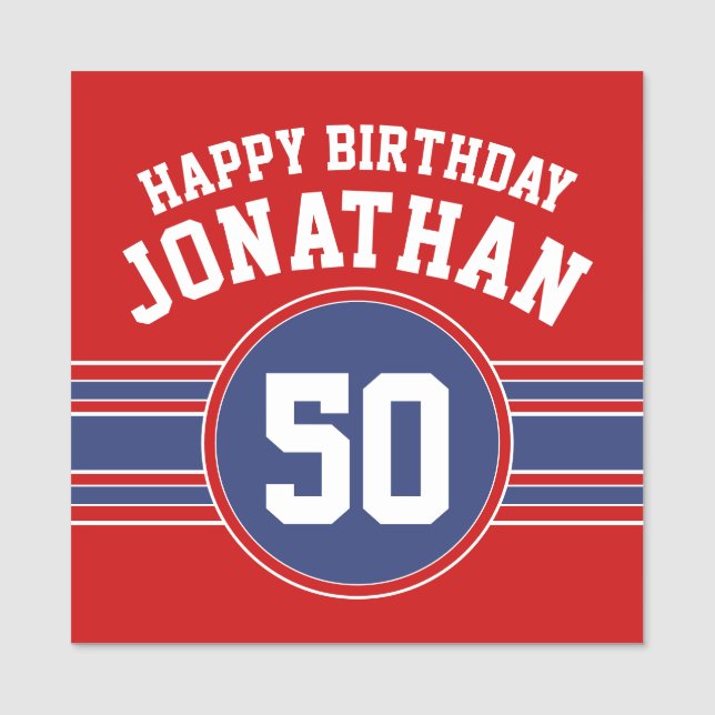 Happy Birthday Sports Stripes mit Age Red Blue Namensschild (Vorderseite)