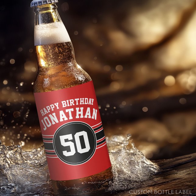 Happy Birthday Sports Stripes with Age - Red Black Bierflaschenetikett (Custom Beer Bottle Label)