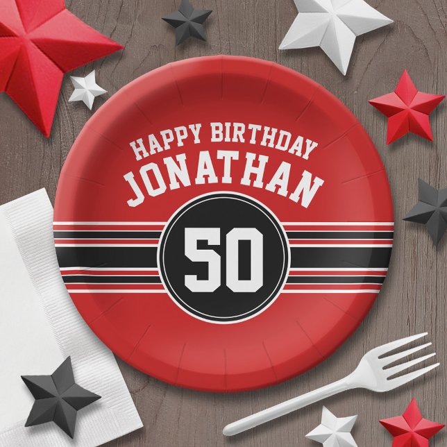 Happy Birthday Sports Stripes with Age - Red Black Pappteller (Personalized party plates - sports theme for birthday or any occasion)