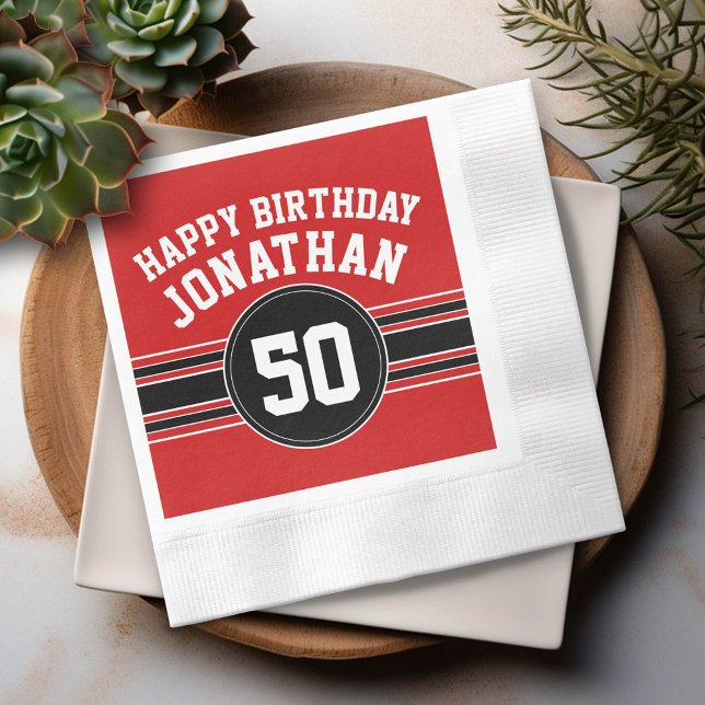 Happy Birthday Sports Stripes with Age - Red Black Serviette (Custom Party Napkins)