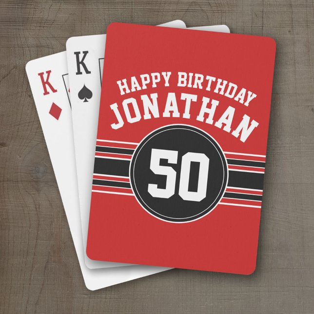 Happy Birthday Sports Stripes with Age - Red Black Spielkarten (Personalized Playing Cards - Sporty Stripes)