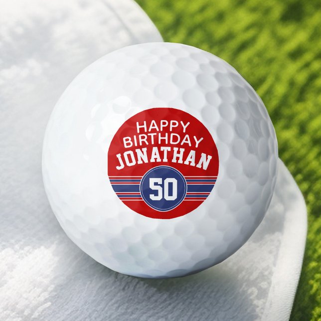Happy Birthday Sports Stripes with Age - Red Blue Golfball (Add Your Name to this Personalized Golf Ball)