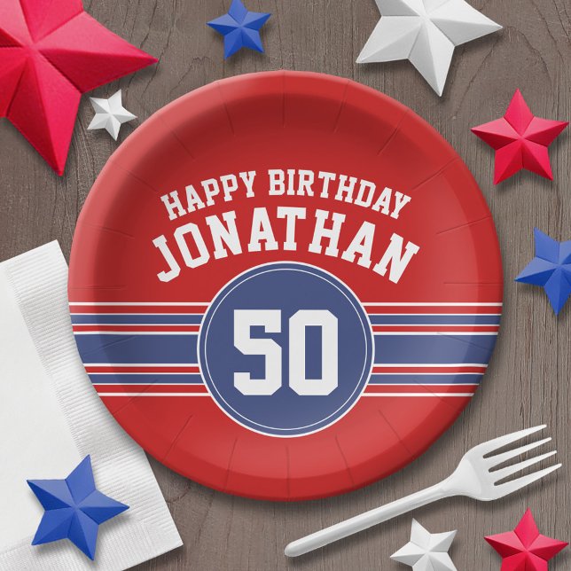 Happy Birthday Sports Stripes with Age - Red Blue Pappteller (Personalized party plates - sports theme for birthday or any occasion)