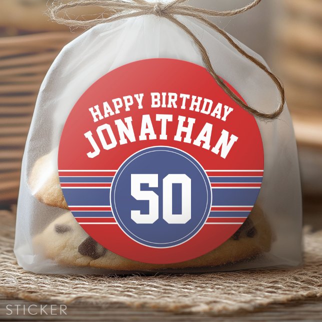 Happy Birthday Sports Stripes with Age - Red Blue Runder Aufkleber (Custom Sticker for Party Favors and Envelopes)