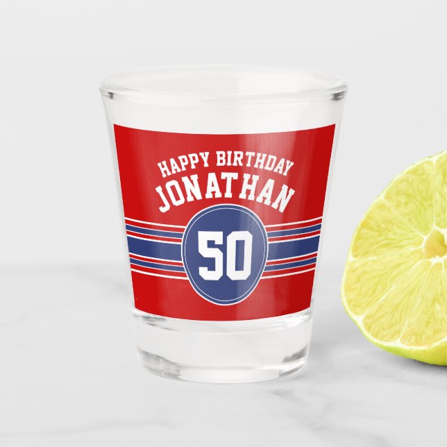 Happy Birthday Sports Stripes with Age - Red Blue Schnapsglas (Vorderseite)