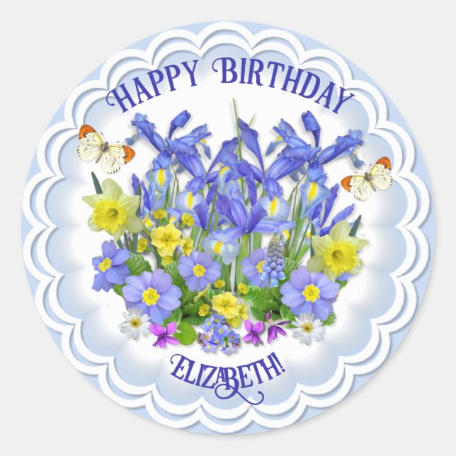 Happy Birthday Spring Blumen und Schmetterlinge Cl Runder Aufkleber (Vorderseite)