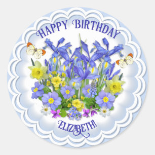 Happy Birthday Spring Blumen und Schmetterlinge Cl Runder Aufkleber