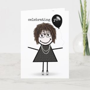 Happy Birthday Stäbchenfigur Mädchen mit Luftballo Karte