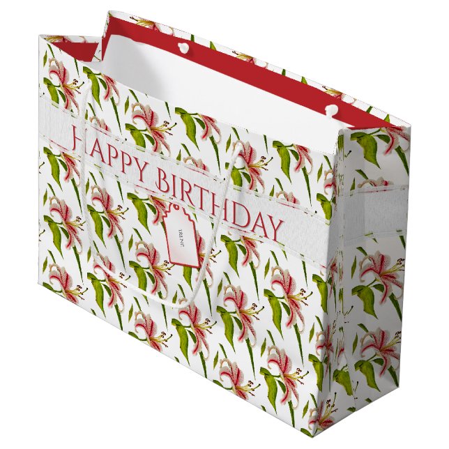 Happy Birthday Stargazer Lily Blume Pattern Große Geschenktüte (Vorderseite Schrägansicht)