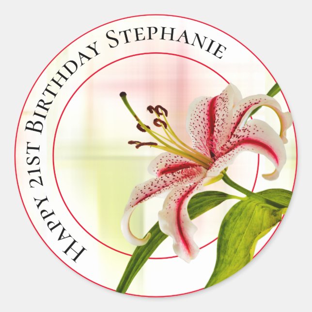 Happy Birthday Stargazer Lily Floral Fotografie Runder Aufkleber (Vorderseite)