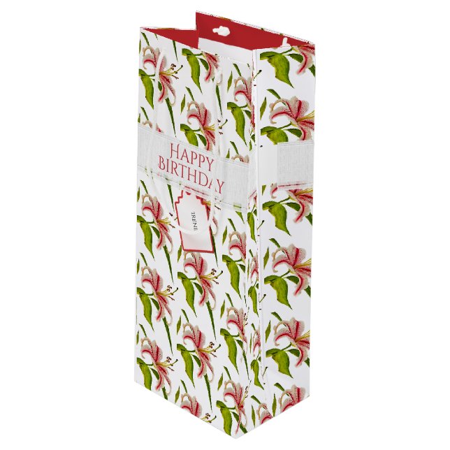 Happy Birthday Stargazer Lily Foto Pattern Geschenktüte Für Weinflaschen (Vorderseite Schrägansicht)