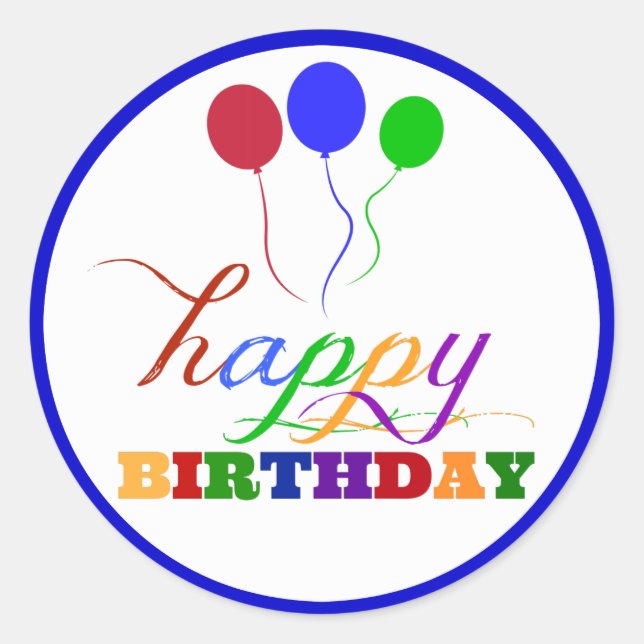 Happy Birthday Sticker Blue Edge farbenfrohe Ballo (Vorderseite)