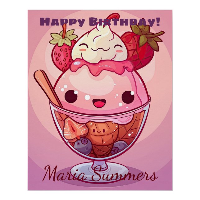 Happy Birthday Strawberry Ice-Creme Kawaii Poster (Vorderseite)