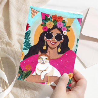 Happy Birthday Stylish Woman with Cat Floral Card Karte