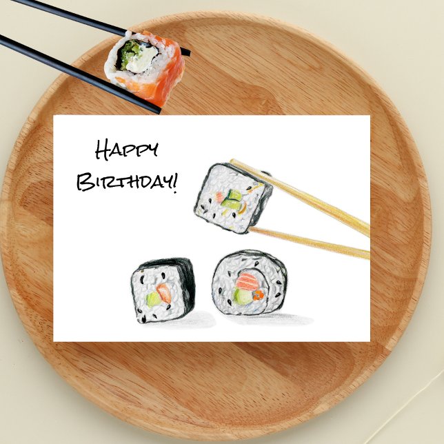 Happy Birthday Sushi Rolls Illustration Karte (Celebrate with a splash of color! Our Sushi Colored Pencil Drawing Birthday Card.)