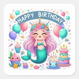 Happy Birthday Süße Meerjungfrau Feiern  Quadratischer Aufkleber