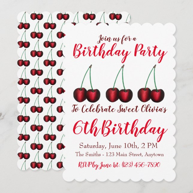 Happy Birthday Sweet Cherry Kirschen Früchte Print Einladung (Vorne/Hinten)