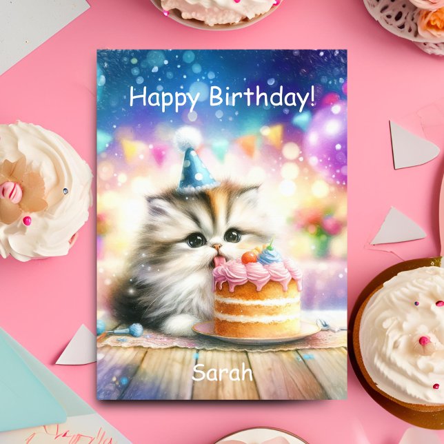 Happy Birthday Sweet Kitty mit Kuchen personalize Karte (Purrfect celebration: Sweet kitty, cake, joy. Personalize for unforgettable birthday wishes!)