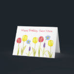 Happy Birthday Sweet Sister Tulip Blume Karte<br><div class="desc">Ein farbenfroher Geburtstag einer süßen Schwester mit Frühlingsblumen mit gelben und roten Tulpen,  blühendem Flachs und Traubenhyakinthen. Fröhliche Geburtstagskarte,  um deine Schwester lassen,  dass du an sie an ihrem besonderen Tag denkst!</div>