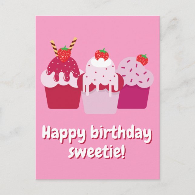Happy Birthday Sweetie Niedlich Strawberry Shortca Postkarte (Vorderseite)