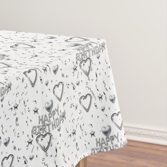 Happy Birthday Tablecloth Silver Hearts Tischdecke (Beispiel)