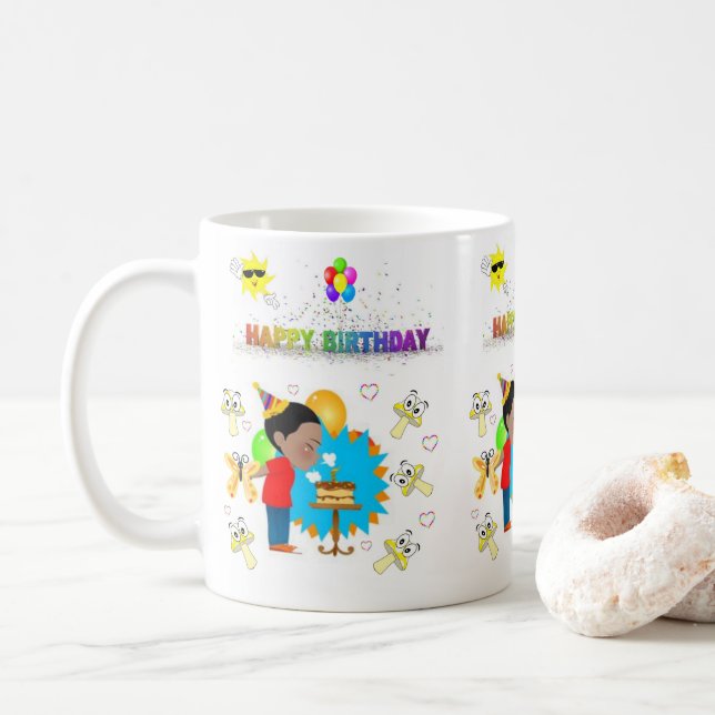 Happy Birthday Tasse Afrikanische Junge Pilze (Mit Donut)